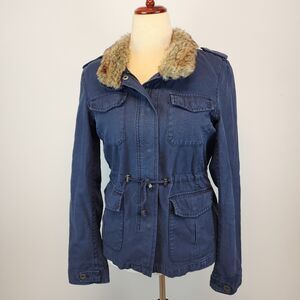 Vintage Levi's Womens Faux Fur Collar Field Jacket Size M Blue Patch Pocket Y2K